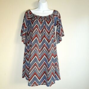 Naif Woman's Chevron Print Flounce Sleeves Smocked Neck Shift Tunic Dress Size S